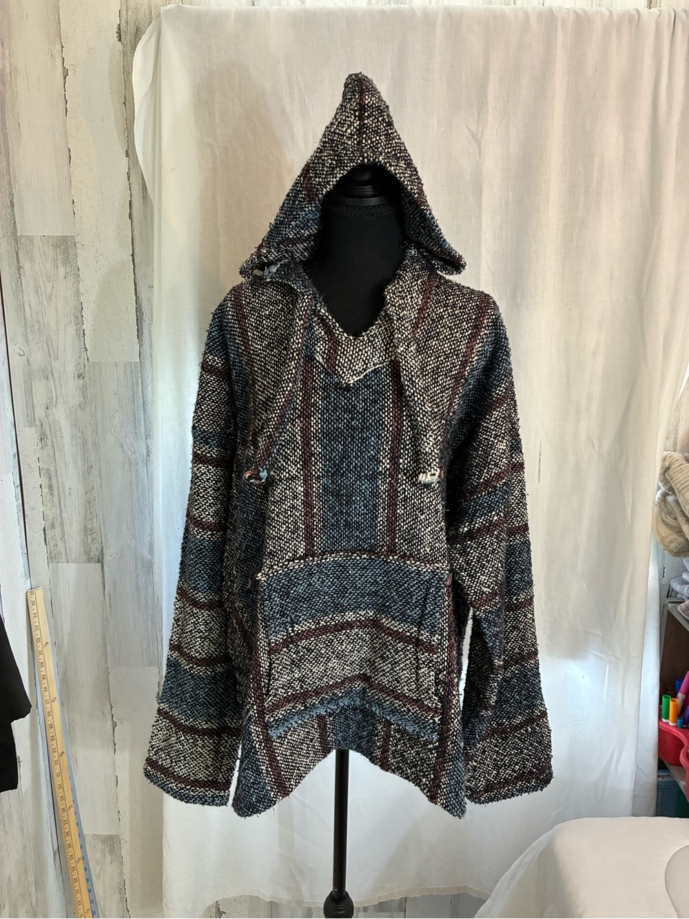 Men's Hooded Baja cotton hoodie - Blue Gray Striped unisex unsized